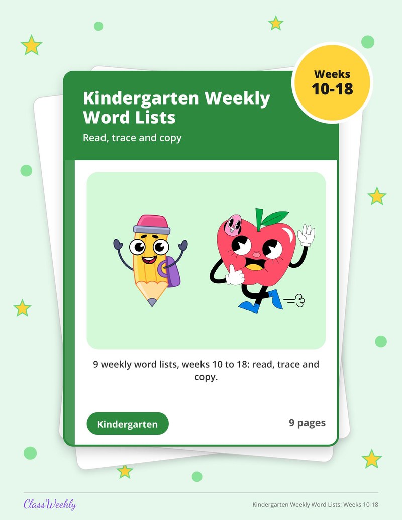 Kindergarten Weekly Word Lists: Weeks 10-18 - Page 1
