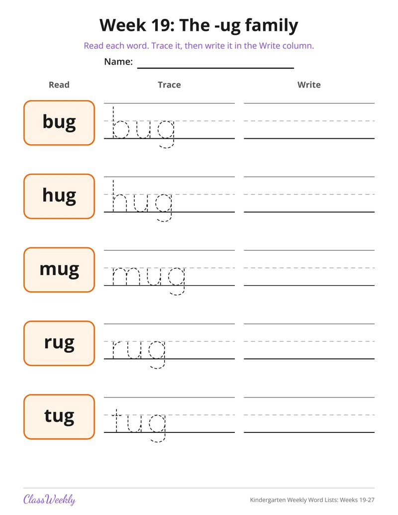 Kindergarten Weekly Word Lists: Weeks 19-27
