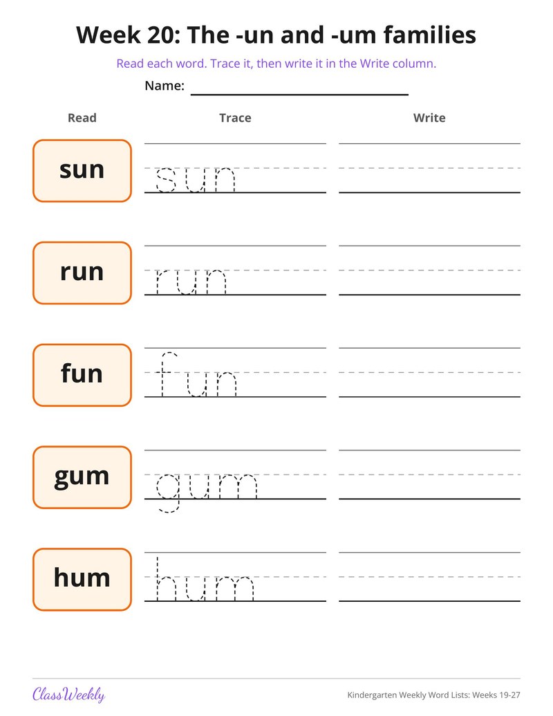 Kindergarten Weekly Word Lists: Weeks 19-27