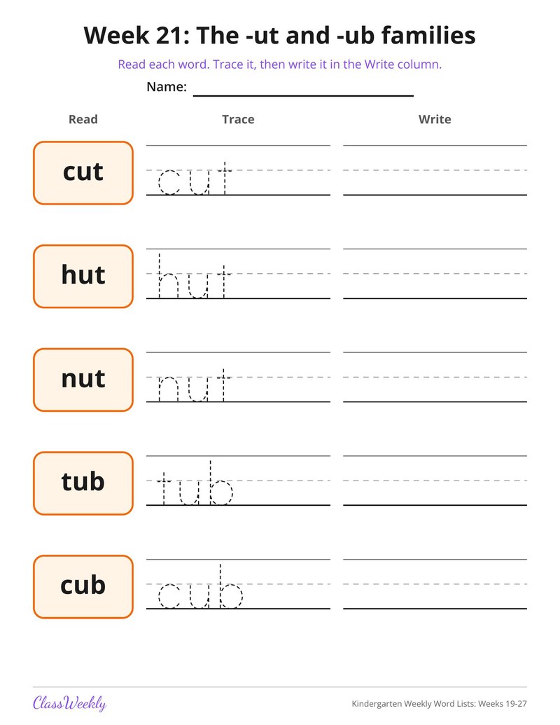 Kindergarten Weekly Word Lists: Weeks 19-27