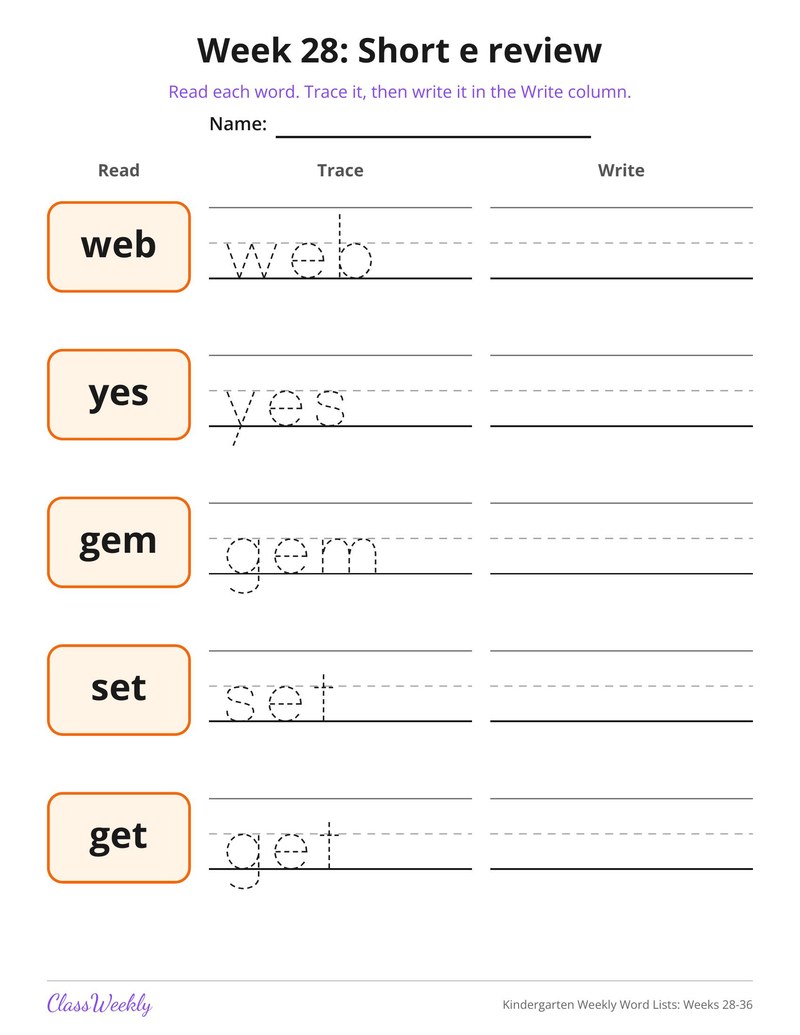 Kindergarten Weekly Word Lists: Weeks 28-36