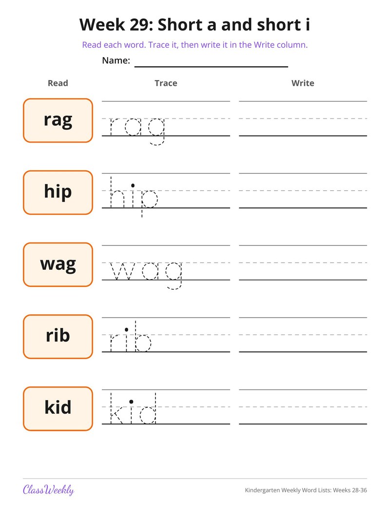 Kindergarten Weekly Word Lists: Weeks 28-36