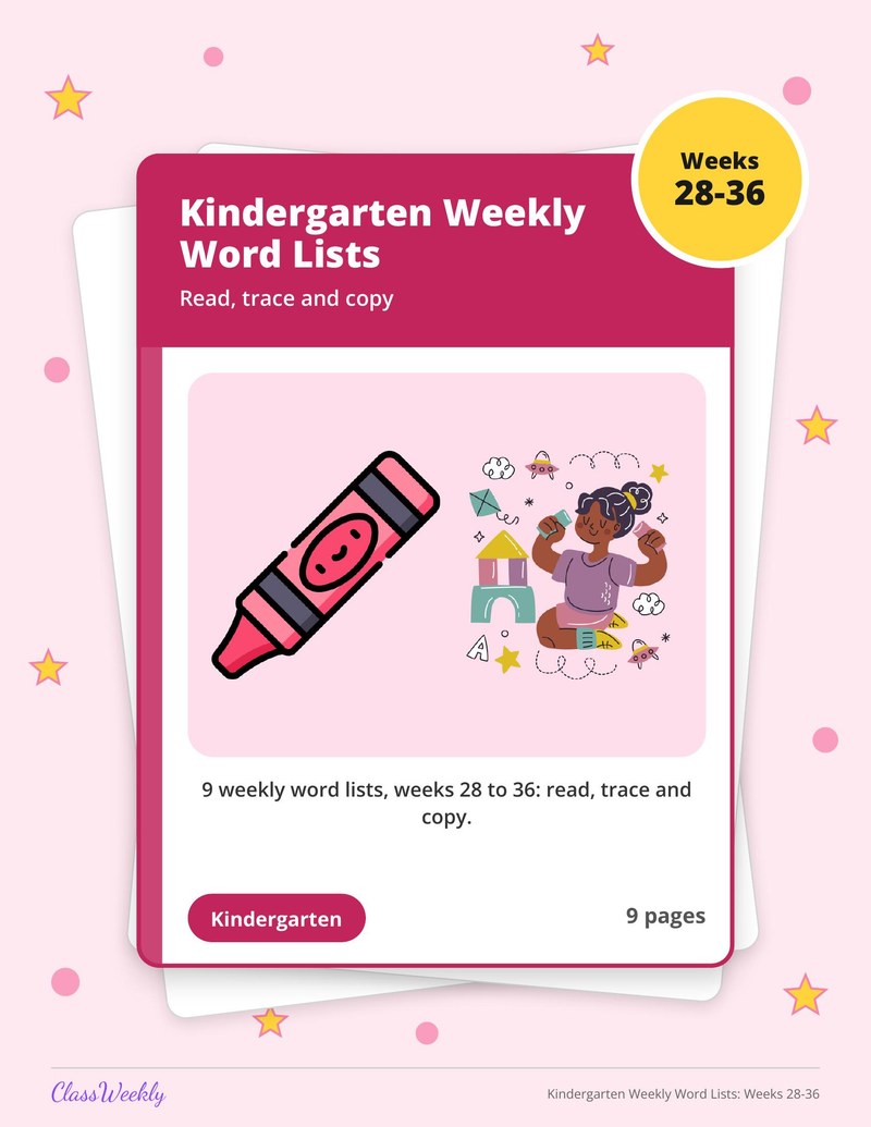Kindergarten Weekly Word Lists: Weeks 28-36 - Page 1