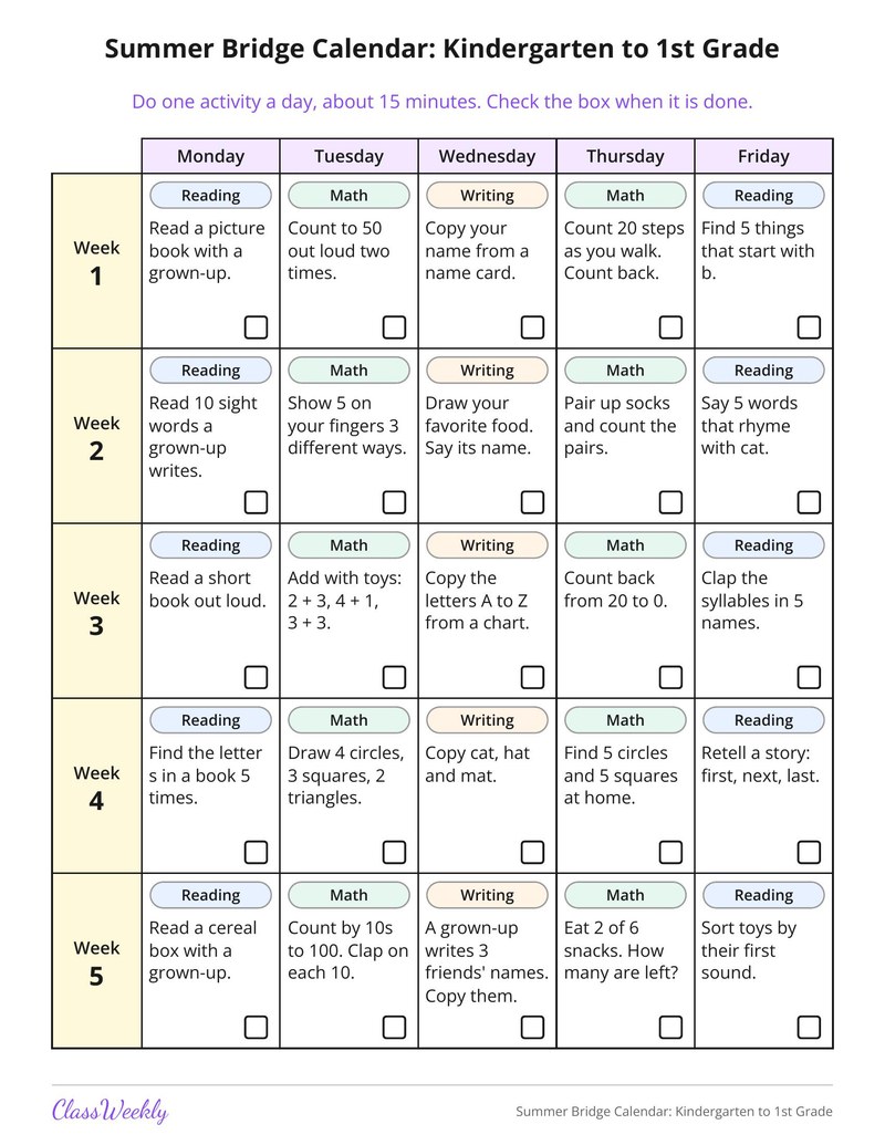 Summer Bridge Calendar: Kindergarten to 1st Grade - Page 2