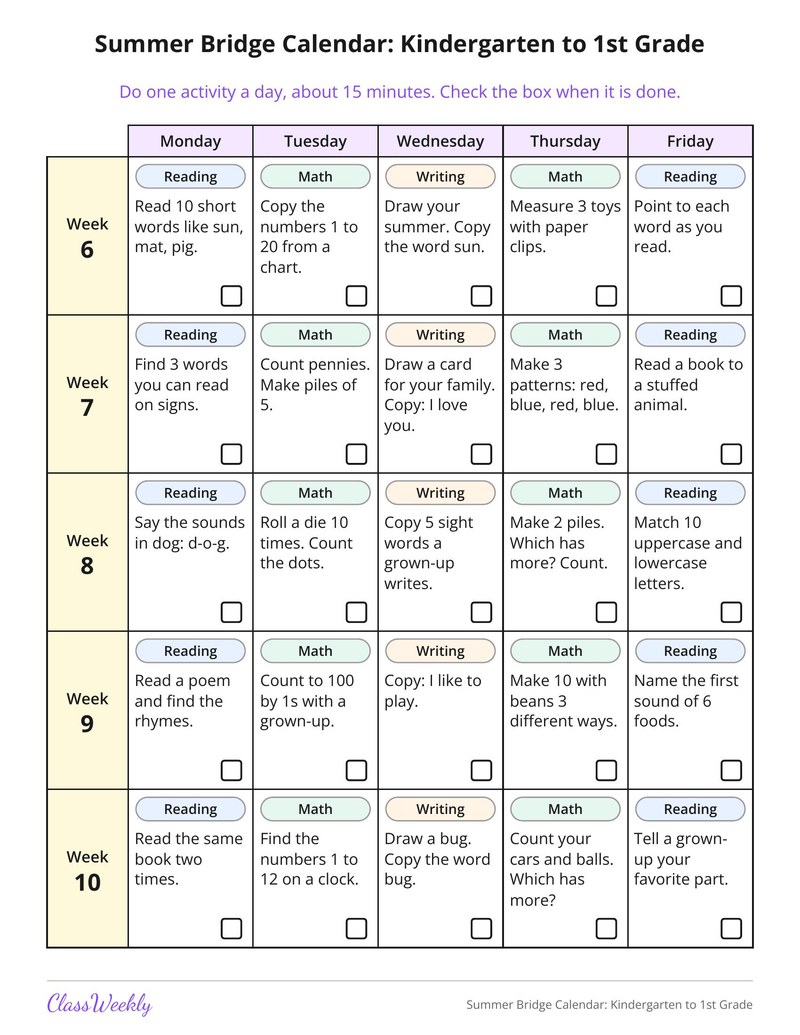 Summer Bridge Calendar: Kindergarten to 1st Grade - Page 3
