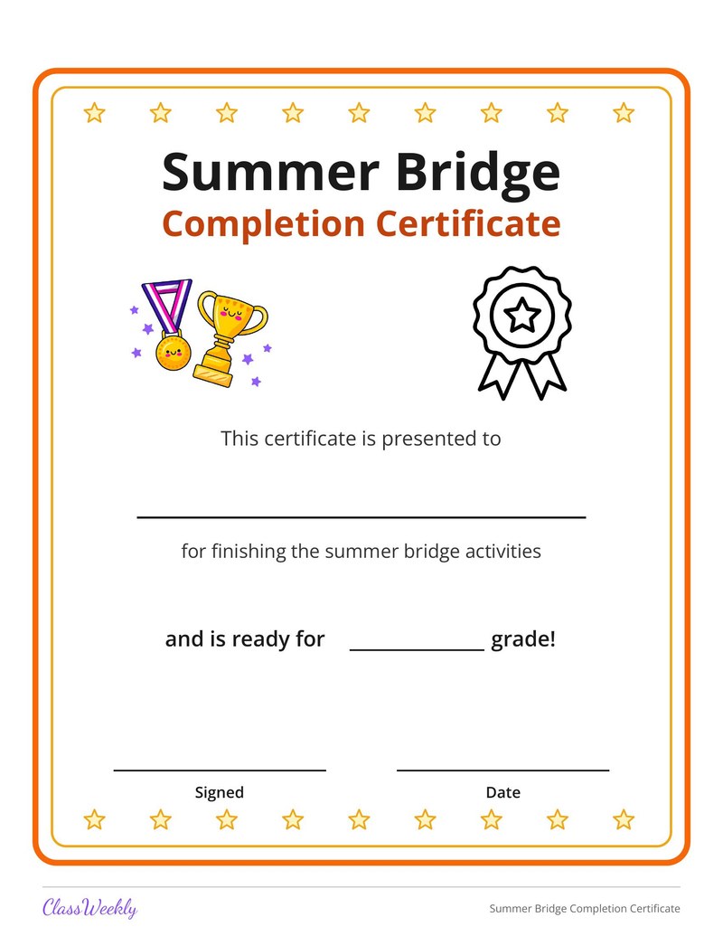 Summer Bridge Completion Certificate
