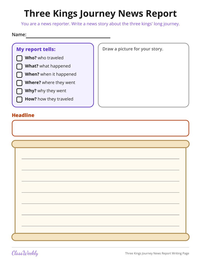 Three Kings Journey News Report Writing Page - Page 1