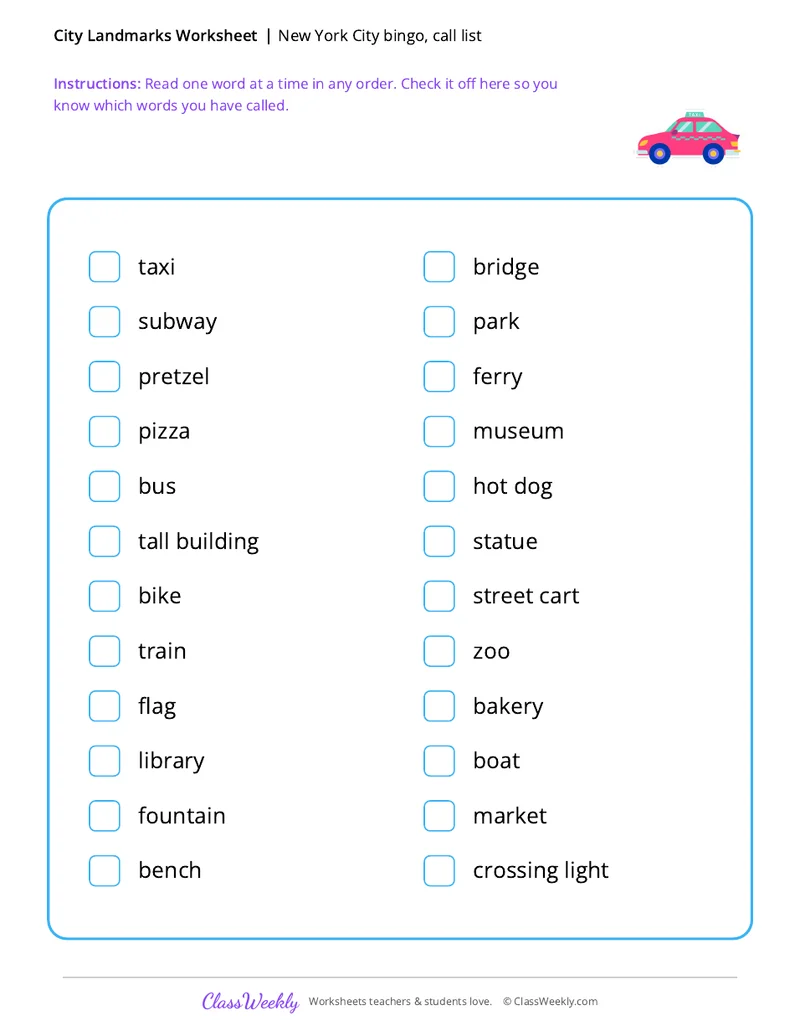 New York City bingo, call list