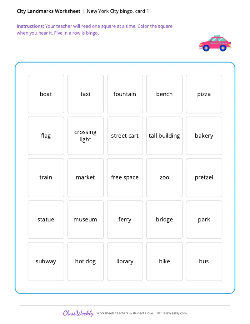 New York City bingo, card 1