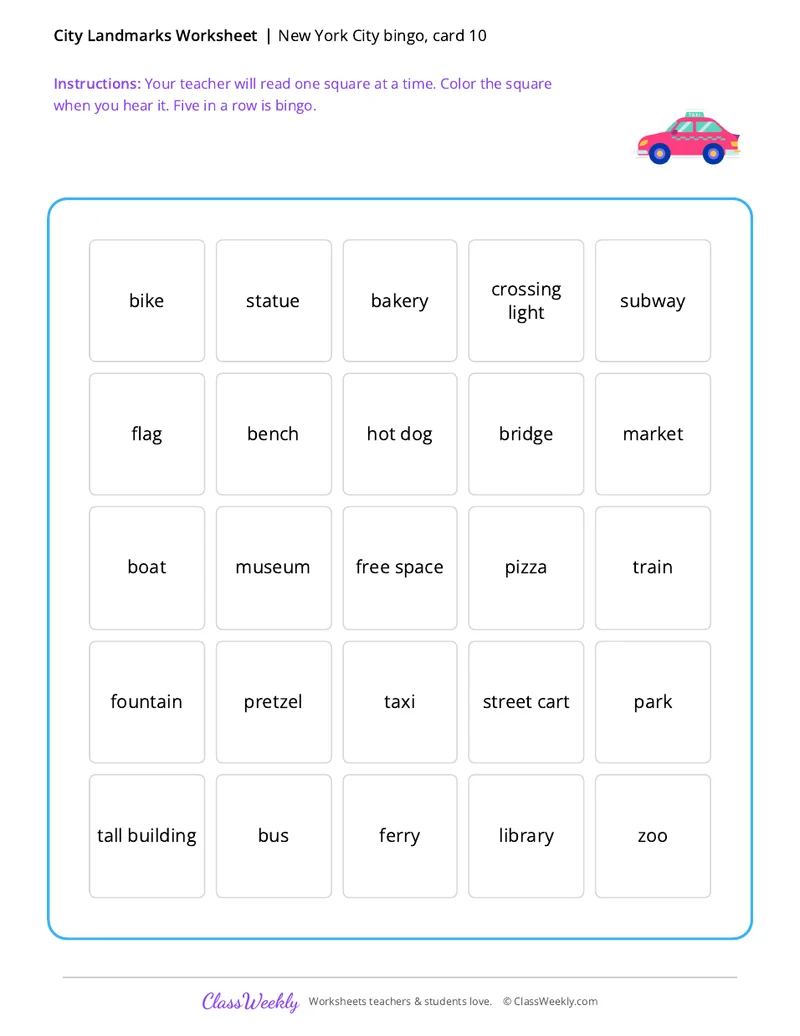 New York City bingo, card 10