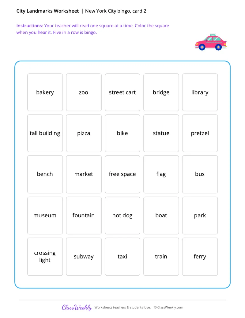 New York City bingo, card 2