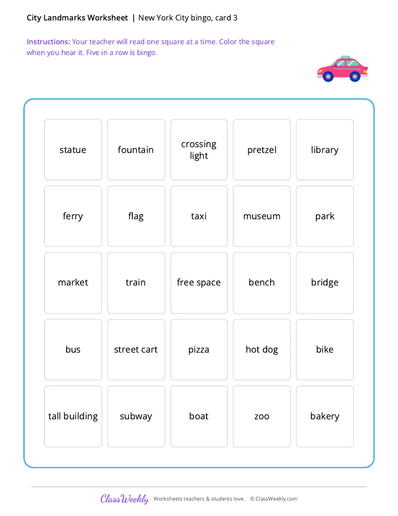 New York City bingo, card 3