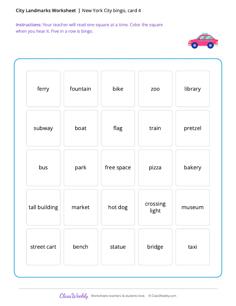New York City bingo, card 4