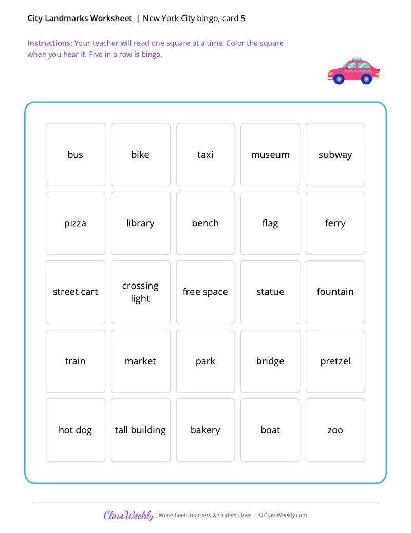 New York City bingo, card 5