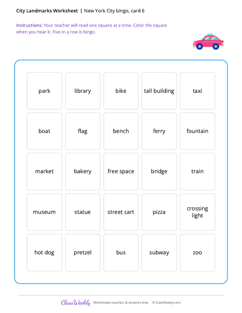 New York City bingo, card 6