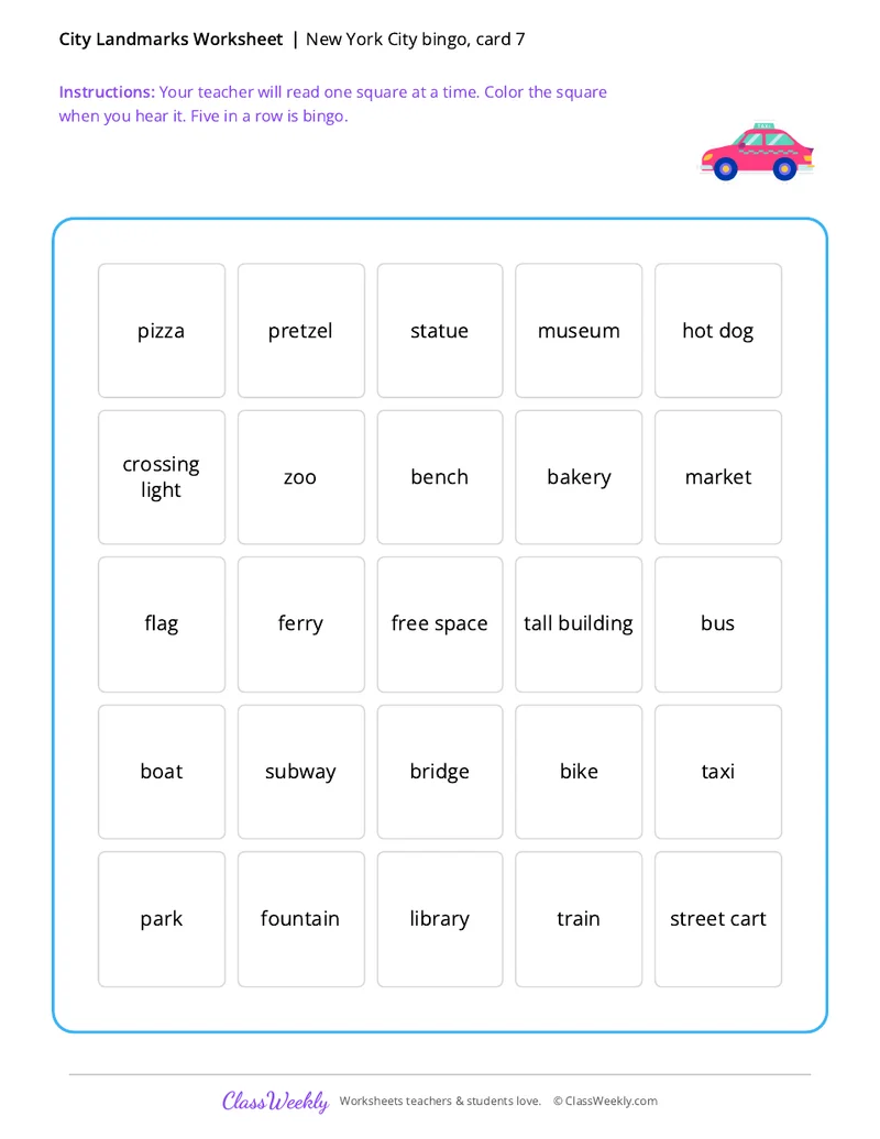 New York City bingo, card 7
