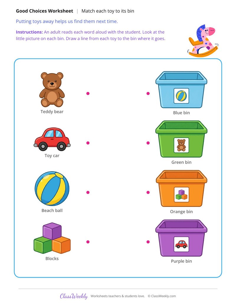 Clean Up Time, Match the Toy to the Bin