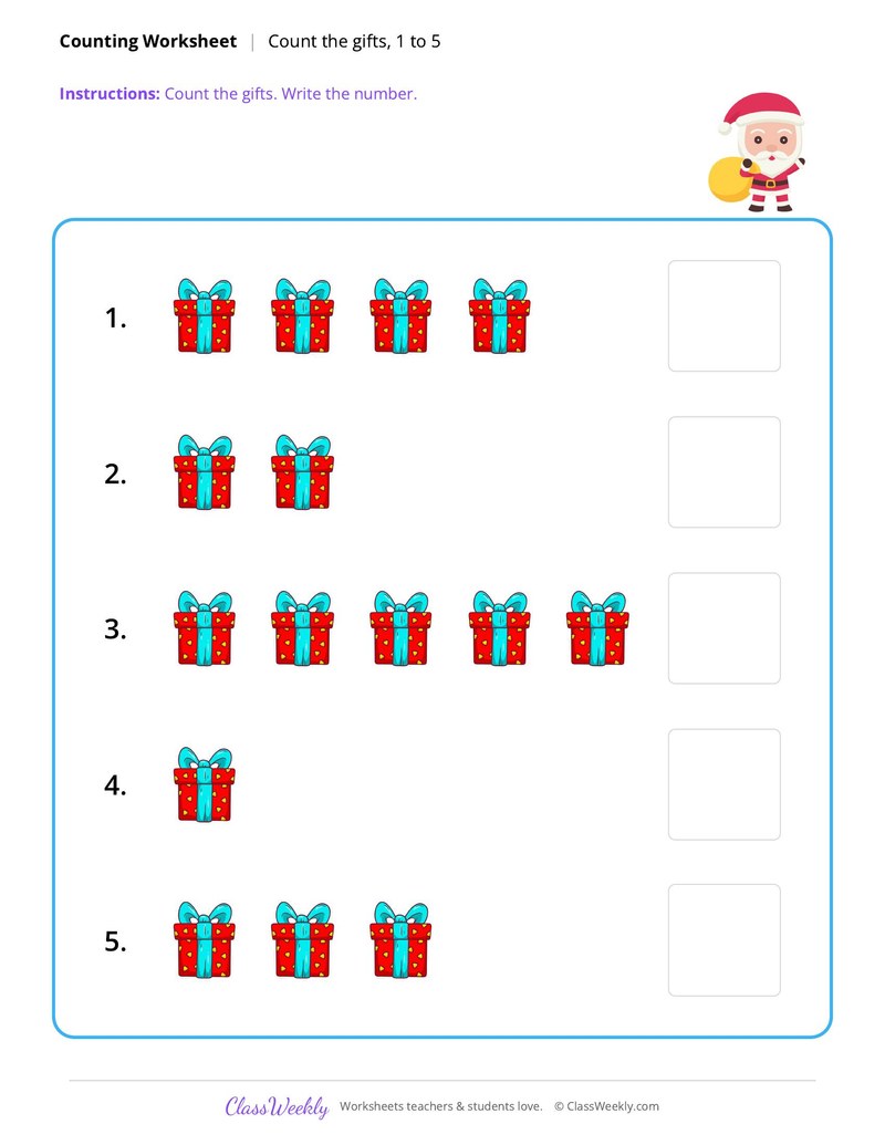 Counting, gifts 1 to 5 - Christmas