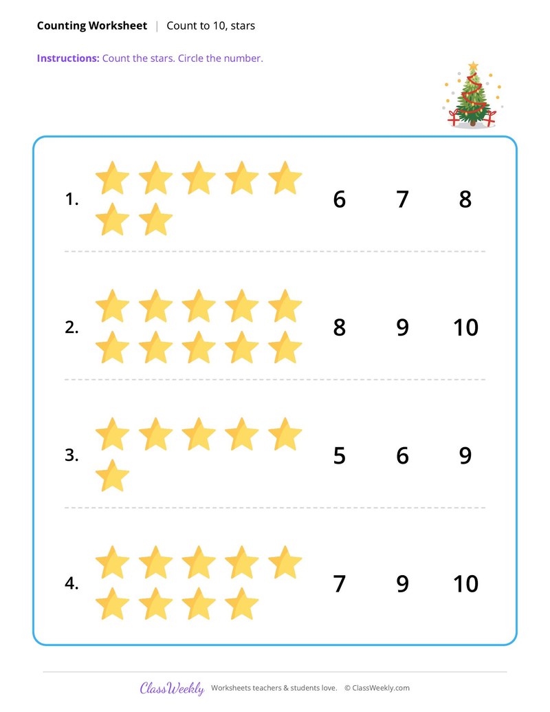 Counting, stars to 10 - Christmas