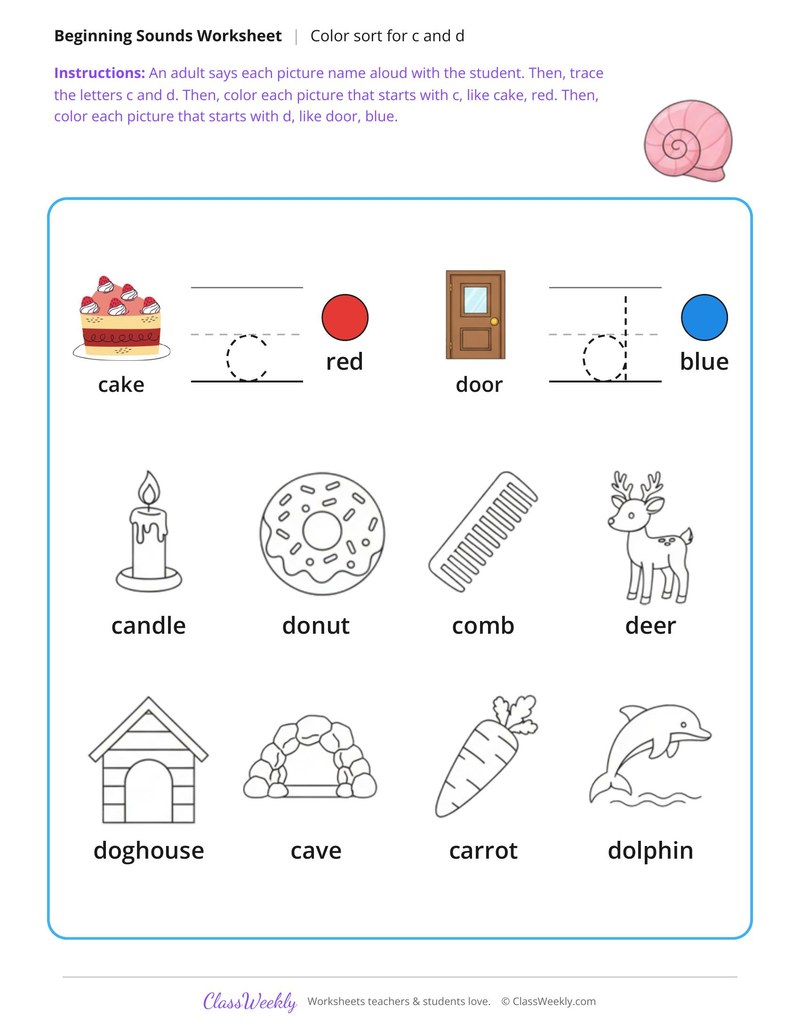 Color by Beginning Sound C and D