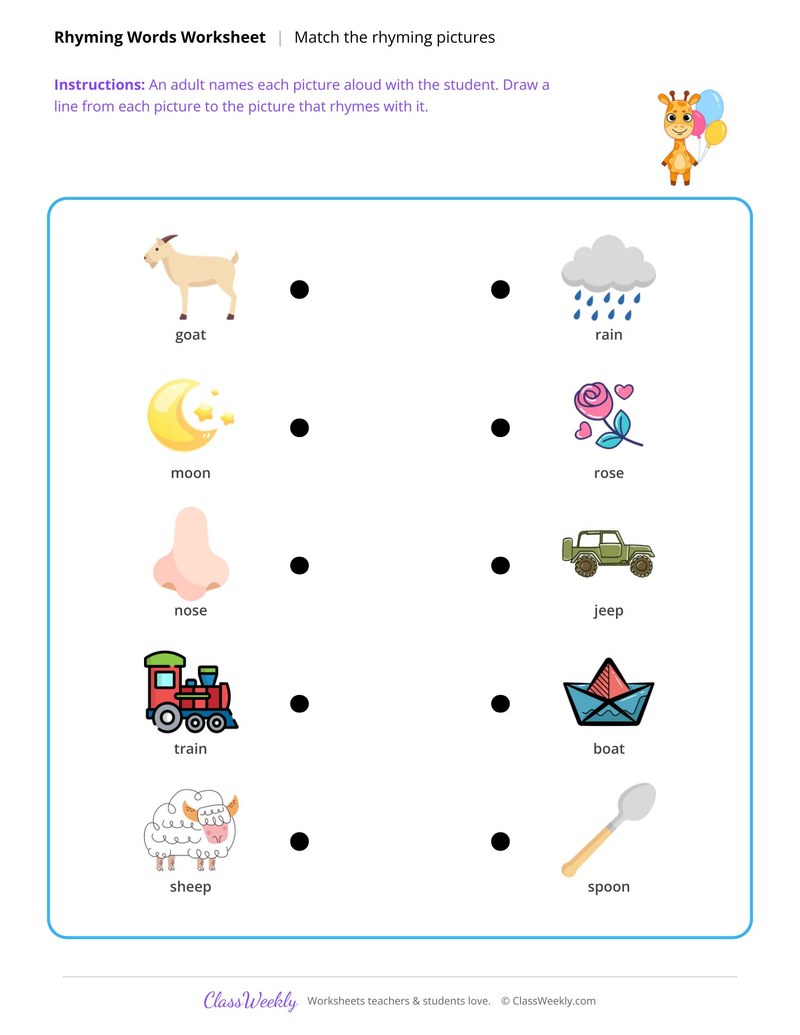 Match the rhyming pictures by drawing lines
