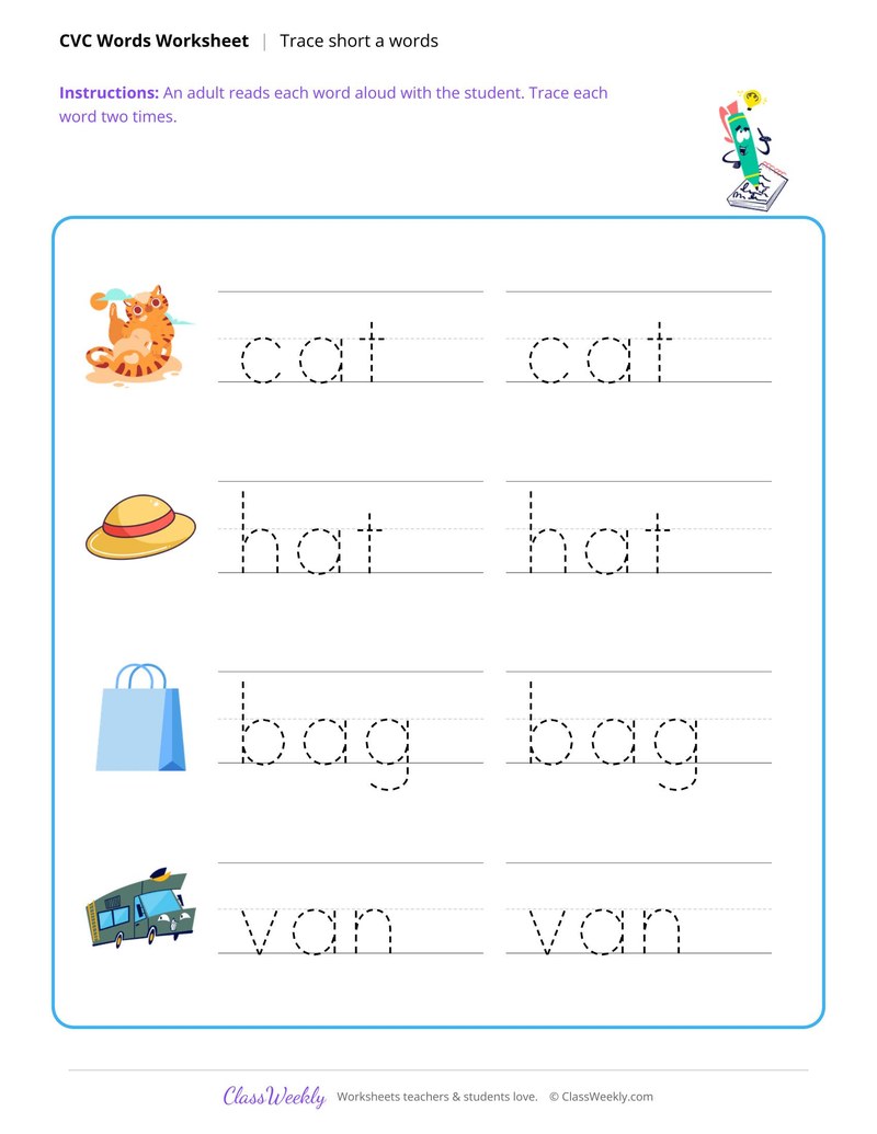 Trace short a CVC words