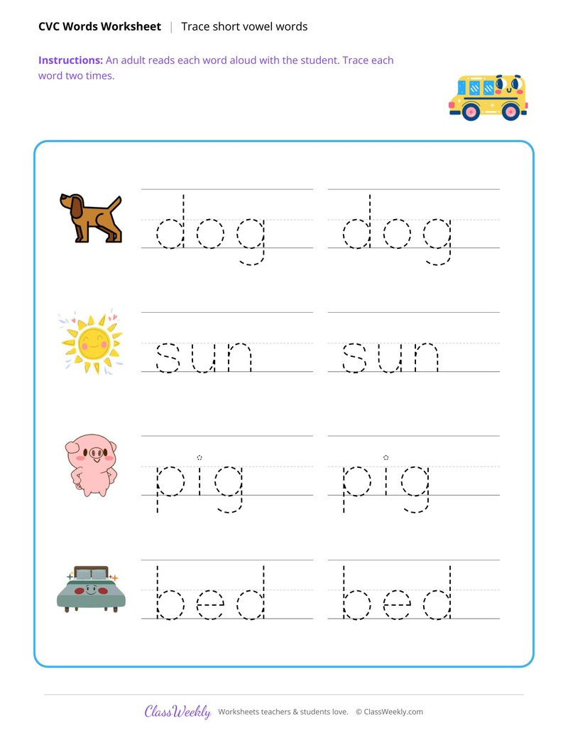 Trace short vowel CVC words