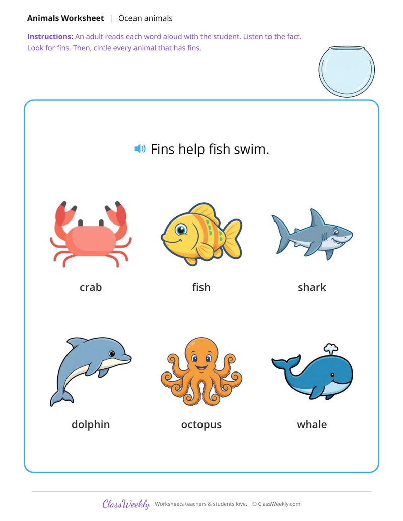 Circle the animals with fins - Fins