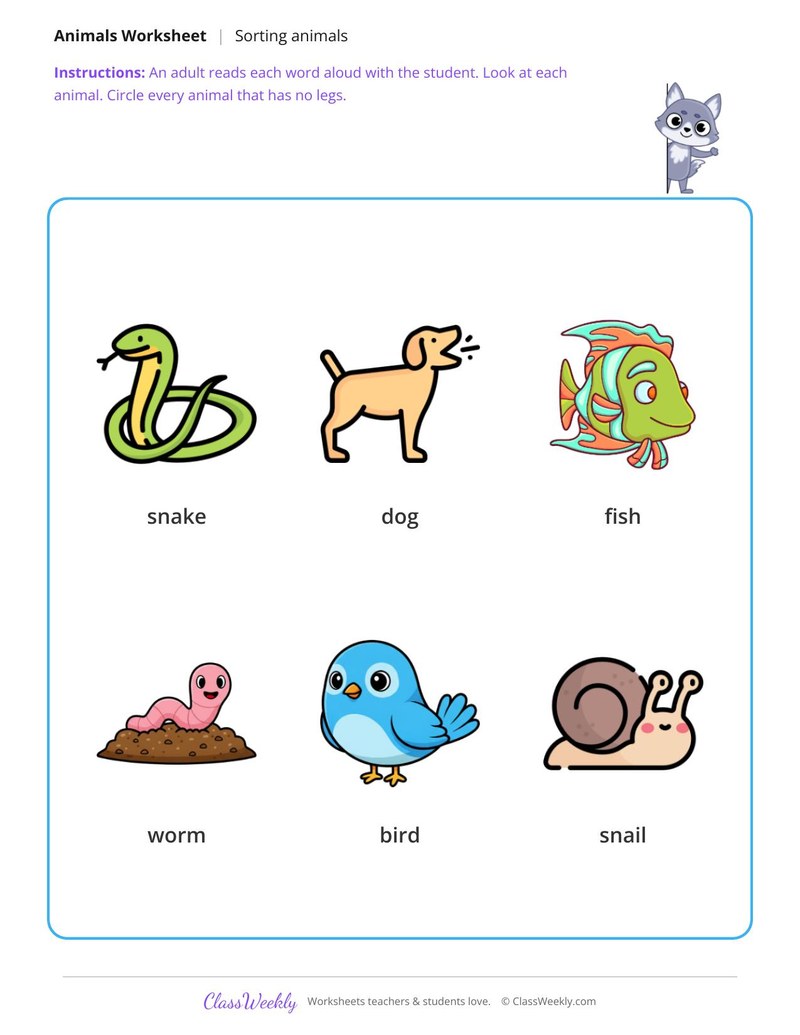 Circle the animals with no legs - No legs