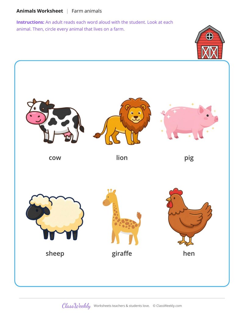 Circle the farm animals