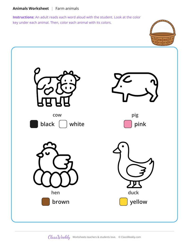 Color the farm animals - Color key