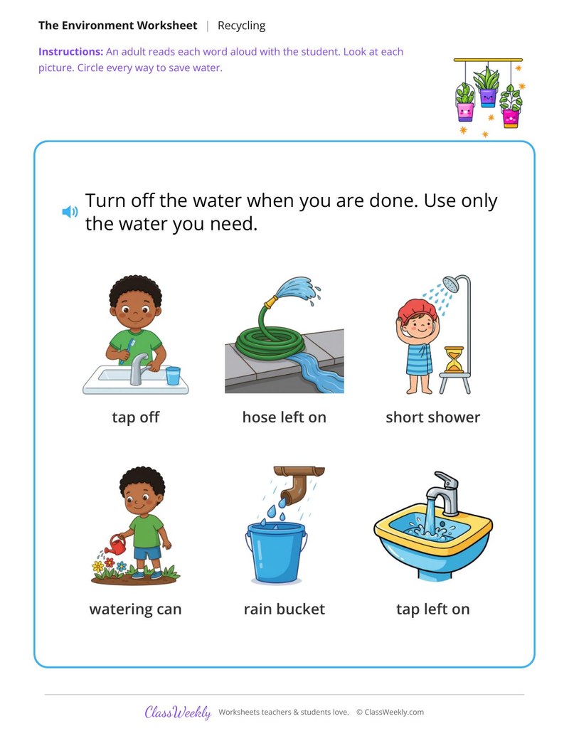 Circle the ways to save water - Water