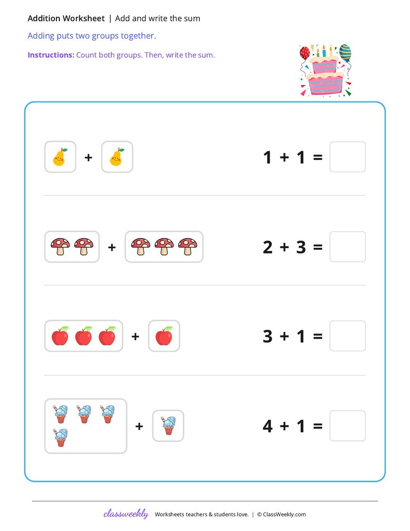 Add and write the sum worksheet preview