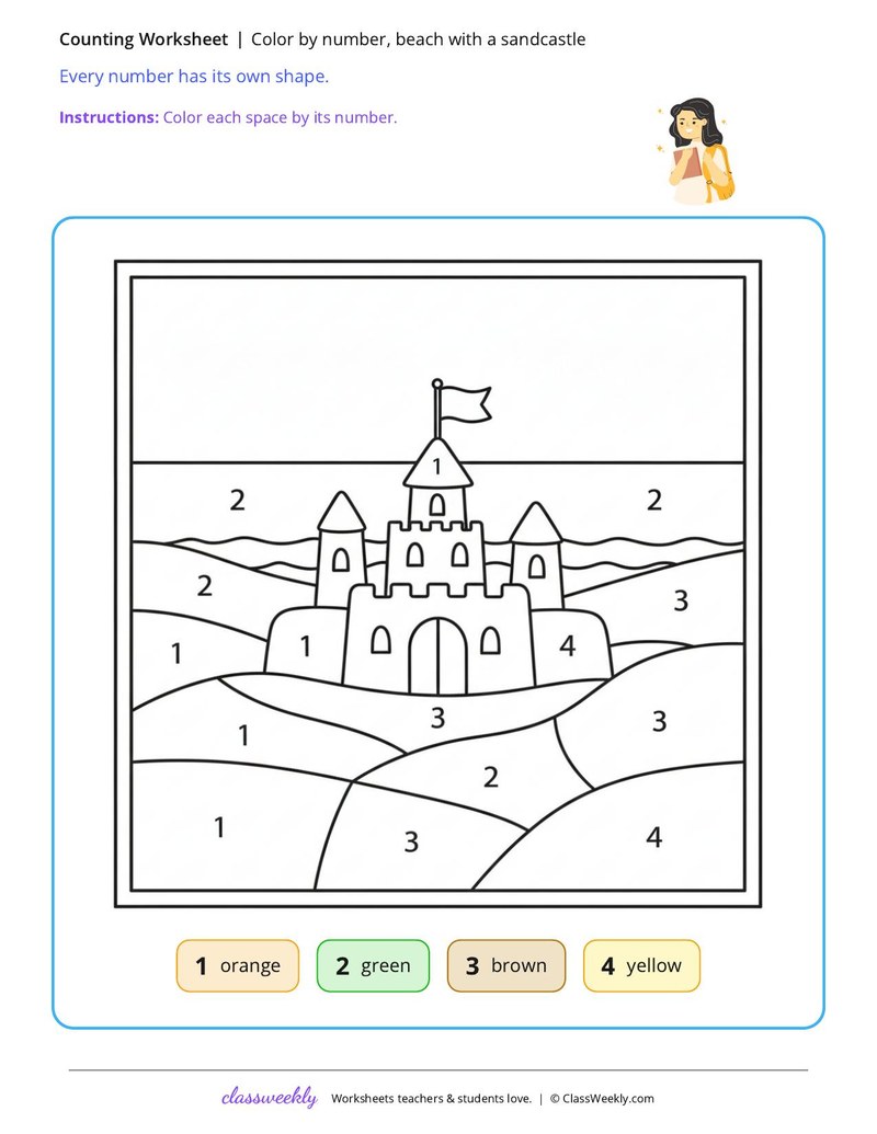 Color by number, beach with a sandcastle