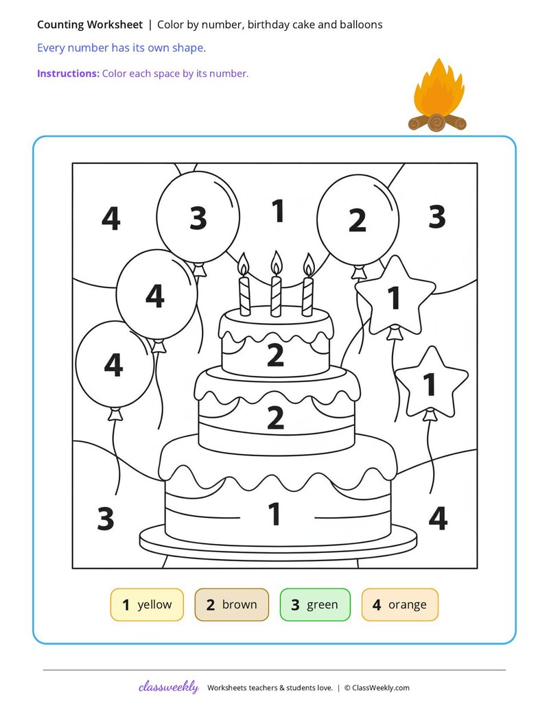 Color by number, birthday cake and balloons