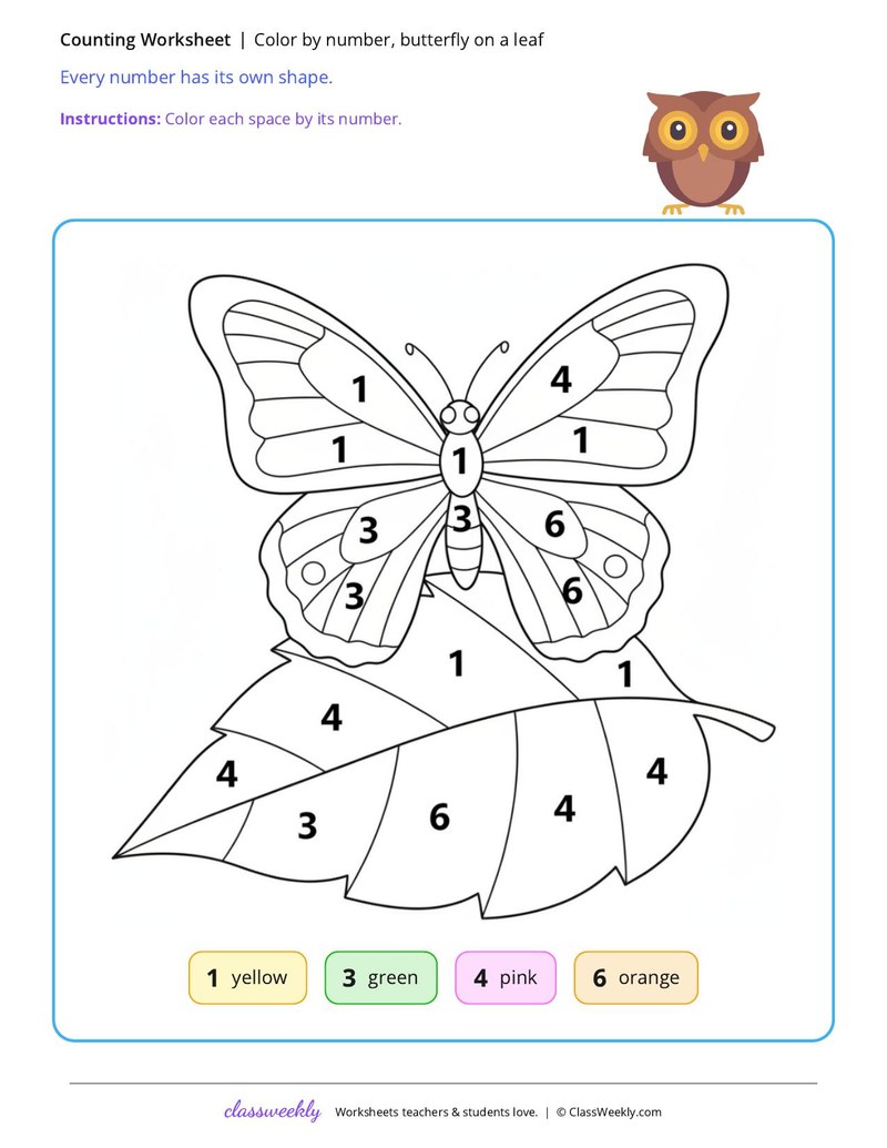 Color by number, butterfly on a leaf