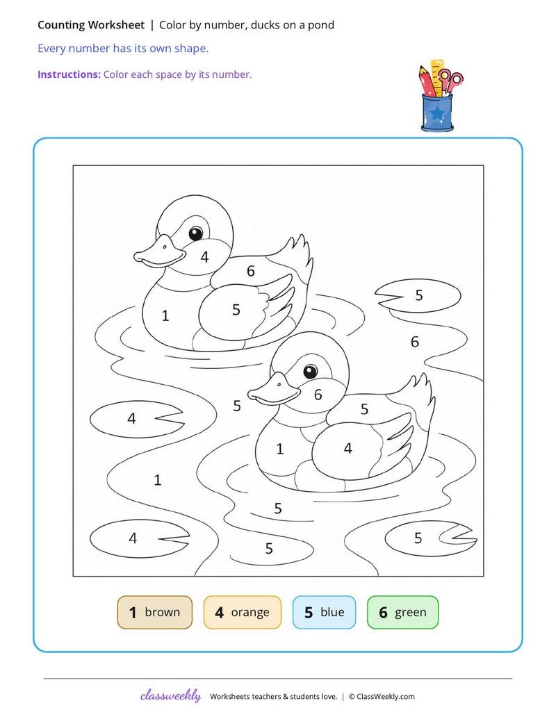Color by number, ducks on a pond