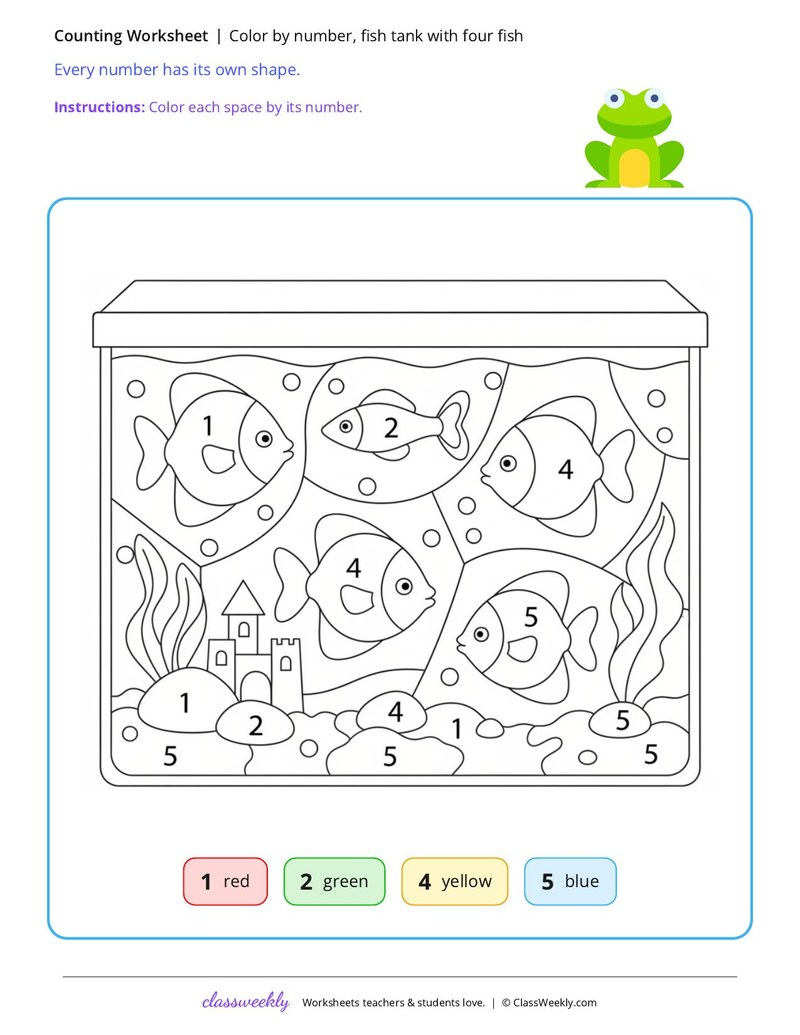 Color by number, fish tank with four fish