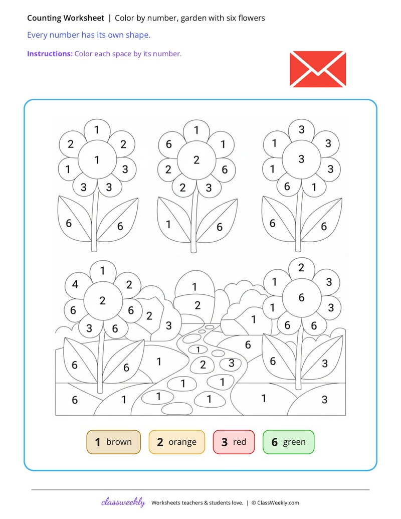 Color by number, garden with six flowers