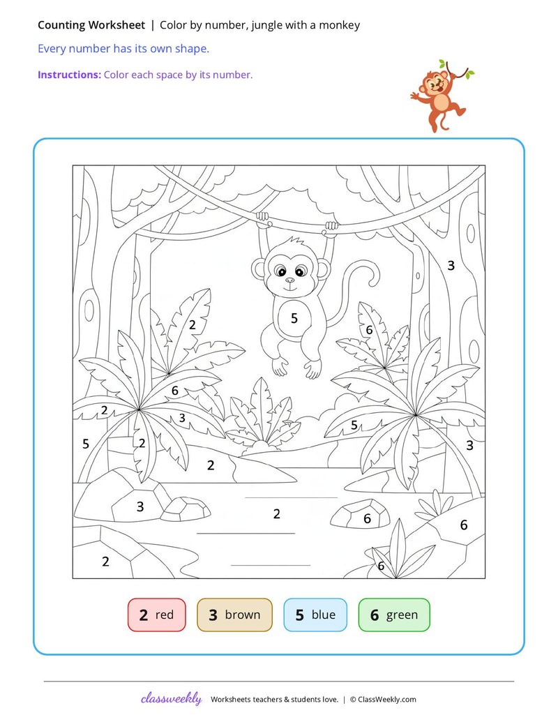Color by number, jungle with a monkey