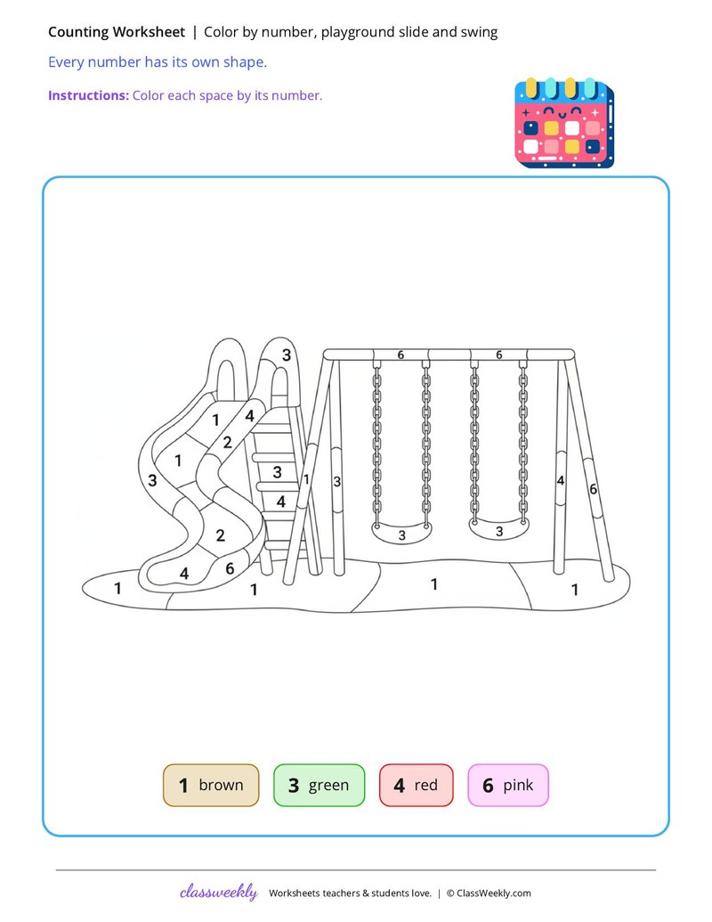 Color by number, playground slide and swing
