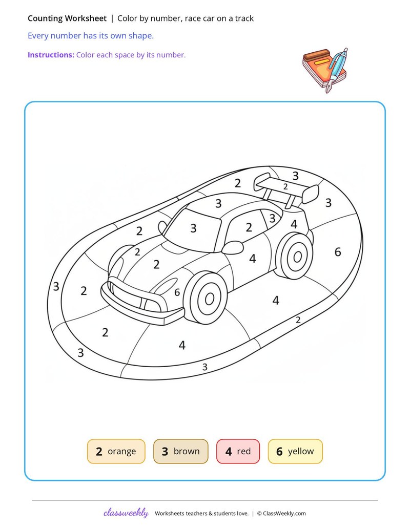 Color by number, race car on a track