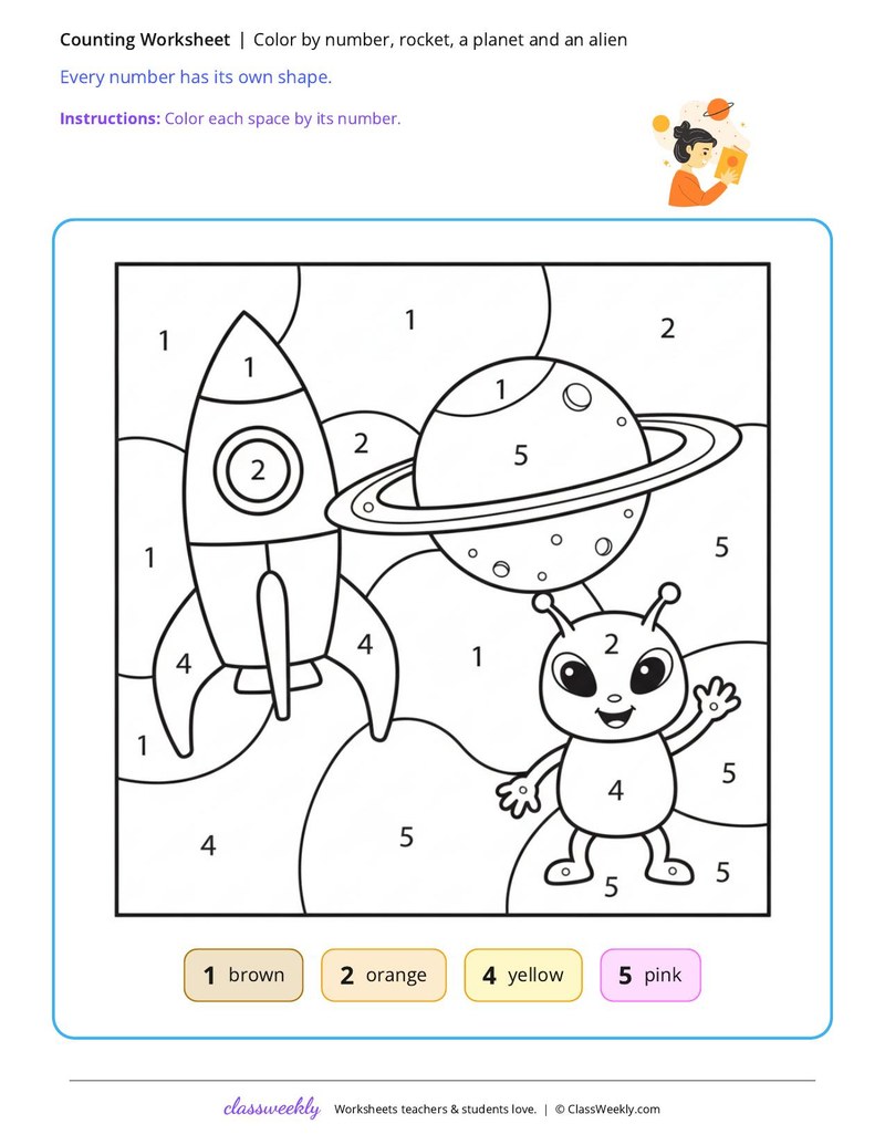 Color by number, rocket, a planet and an alien
