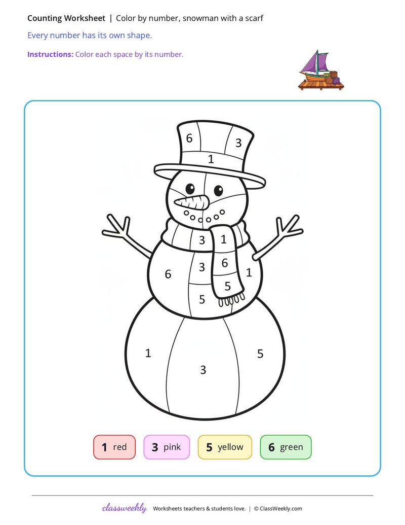 Color by number, snowman with a scarf