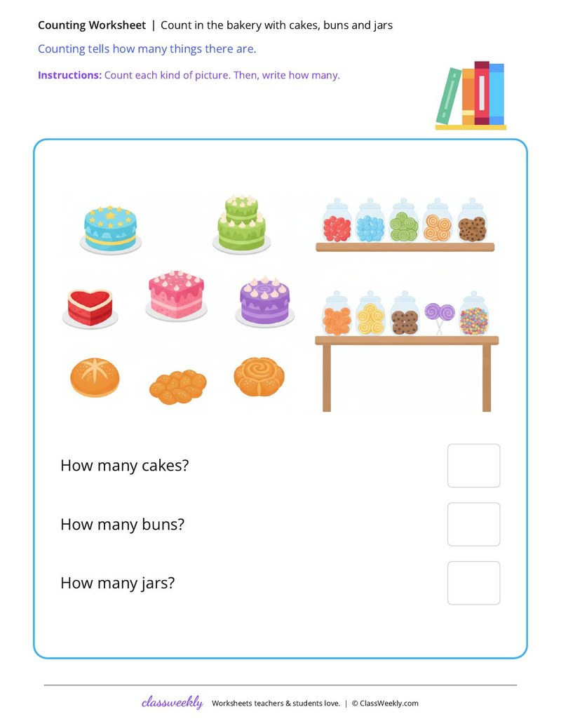 Count at the bakery with cakes, buns and jars