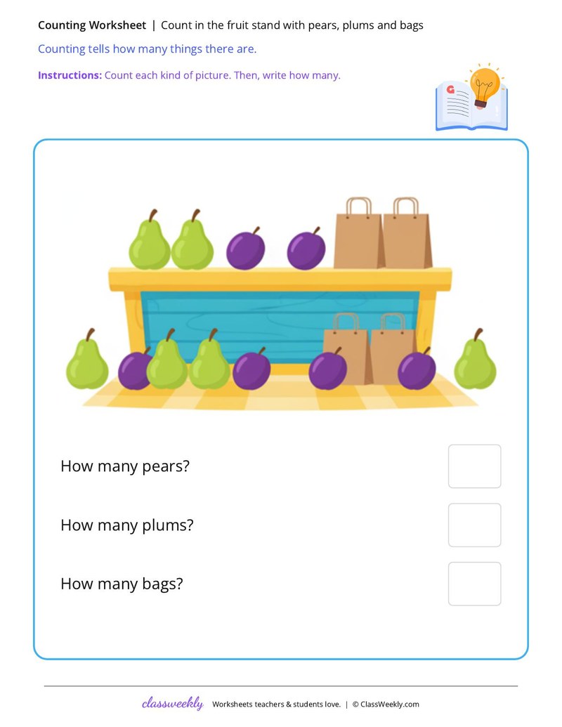 Count at the fruit stand with pears, plums and bags