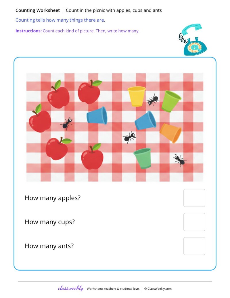Count at the picnic with apples, cups and ants