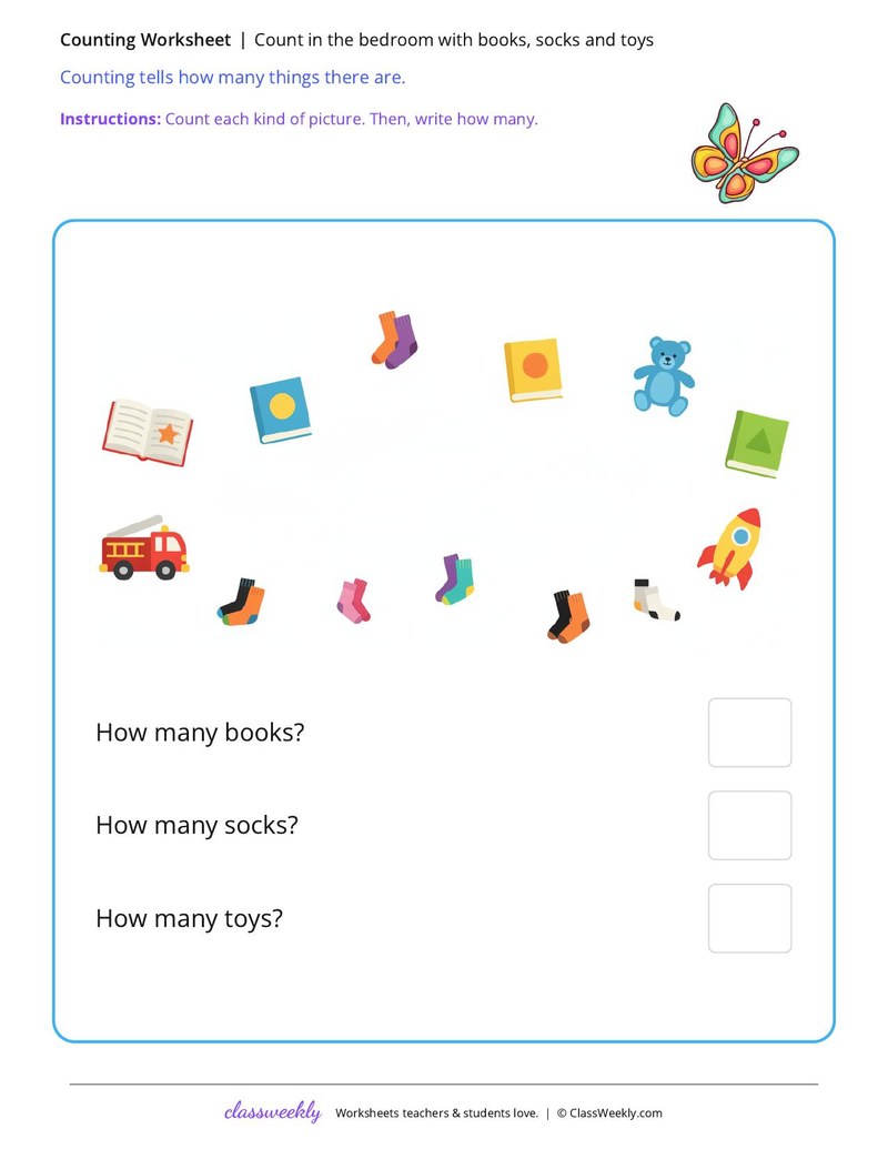 Count in the bedroom with books, socks and toys