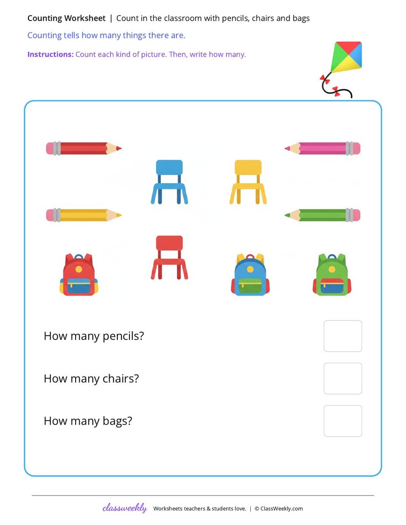Count in the classroom with pencils, chairs and bags