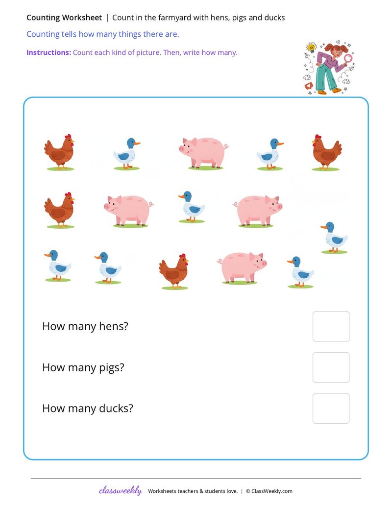 Count in the farmyard with hens, pigs and ducks